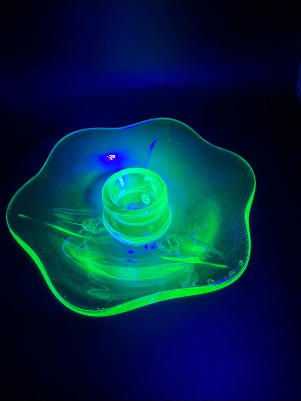 VTG 30’s uranium lotus blossom 3 footed Fenton candle taper